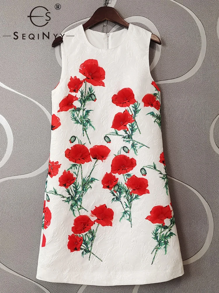 SEQINYY White Mini Dress Summer Spring New Fashion Design Women Runway High Quality Beading Appliques Flower Print Sicily