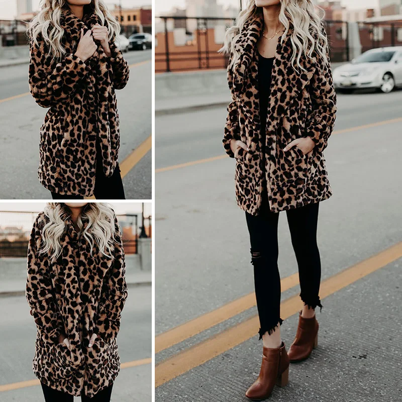 Women Winter Fashion Leopard Outerwear 2023 Luxury Faux Fur Coat Warm Long Sleeve Artificial Fur Jacket Plush oversized Clothing