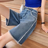 five point denim shorts womens summer thin section high waisted thin a line loose straight wide leg pants casual