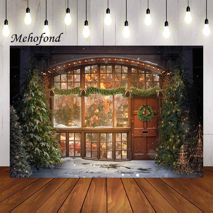 

Mehofond Photography Background Christmas Toy Shop Window Pine Tree Gifts Holiday Party Kid Portrait Decor Backdrop Photo Studio