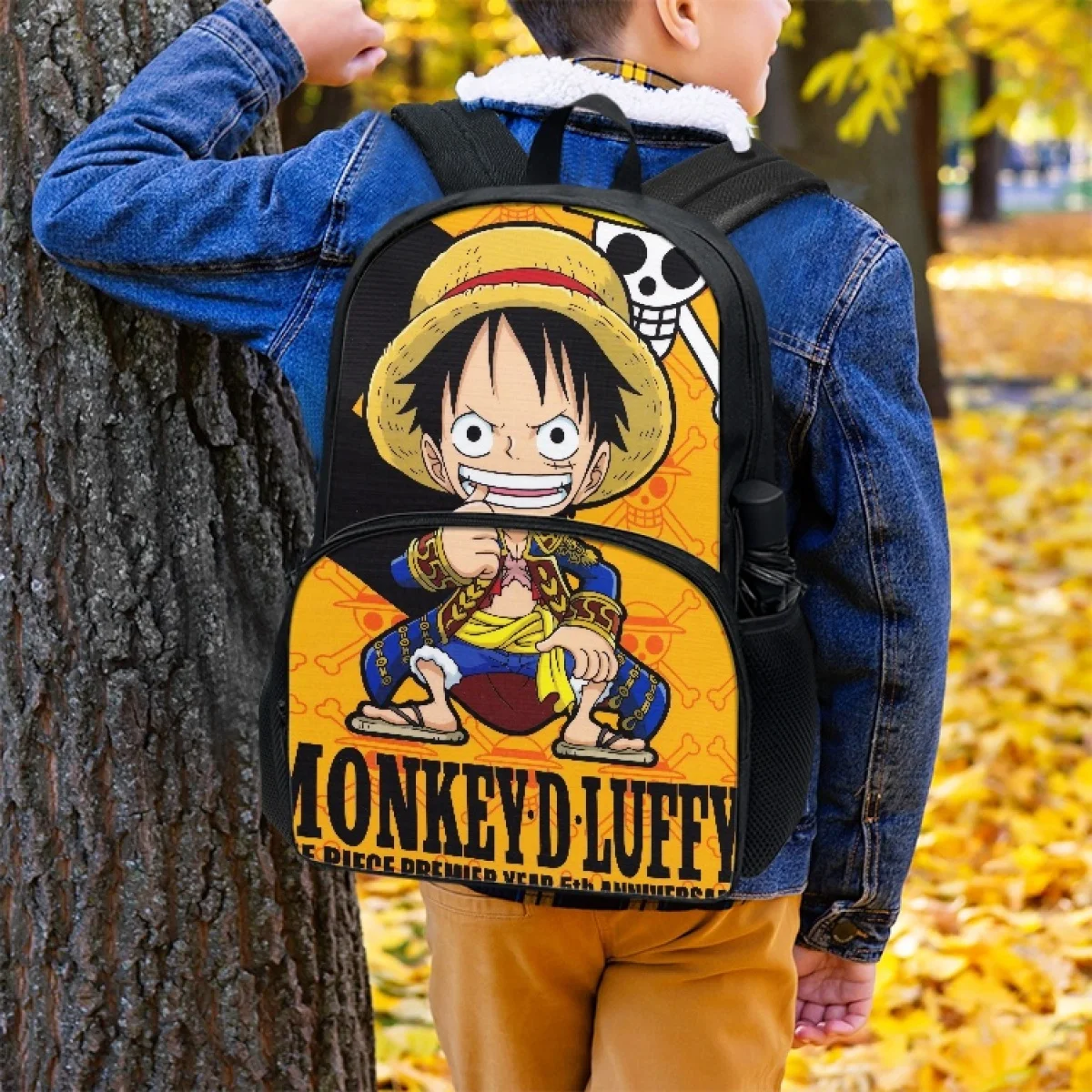 FORUDESIGNS Anime ワンピース Luffy 17 Inch Backpack for Kids High Quality Front Pocket Zipper Fashion School Bags Children Bookbags
