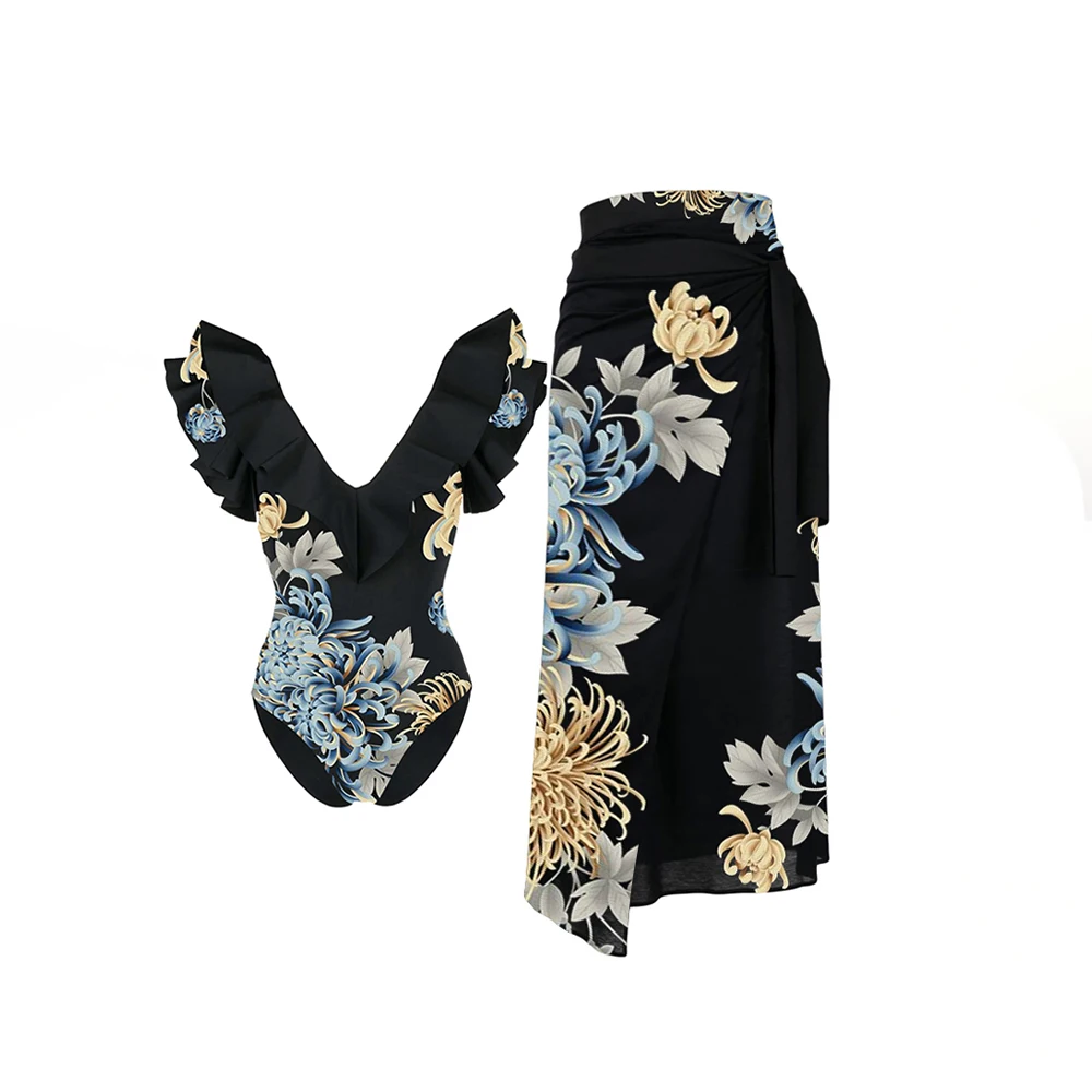 

Chrysanthemum Print Ruffle One Piece Swimsuit And Cover Up Floarl Hot Sexy V-Neck Swimwear High Waist Thong Backless Beachwear