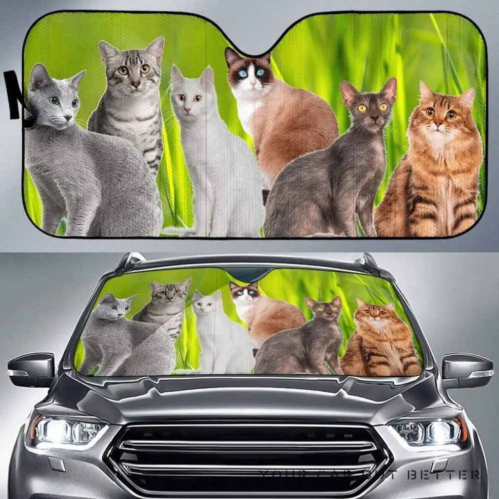 

Funny Cats Sitting On Grasses Image Print Cat Lover Car Sunshade, Cat Family Sitting On Grasses Image Auto Sun Shade, Windshield