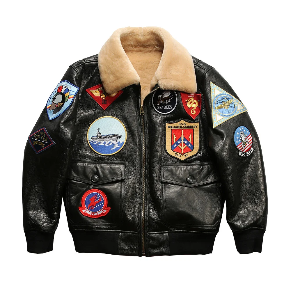 

New Fashion Warm High Quality Top Gun Bomber Fur Embroidery Men's Multiple Standard Plus Size Sheep Leather Jackets