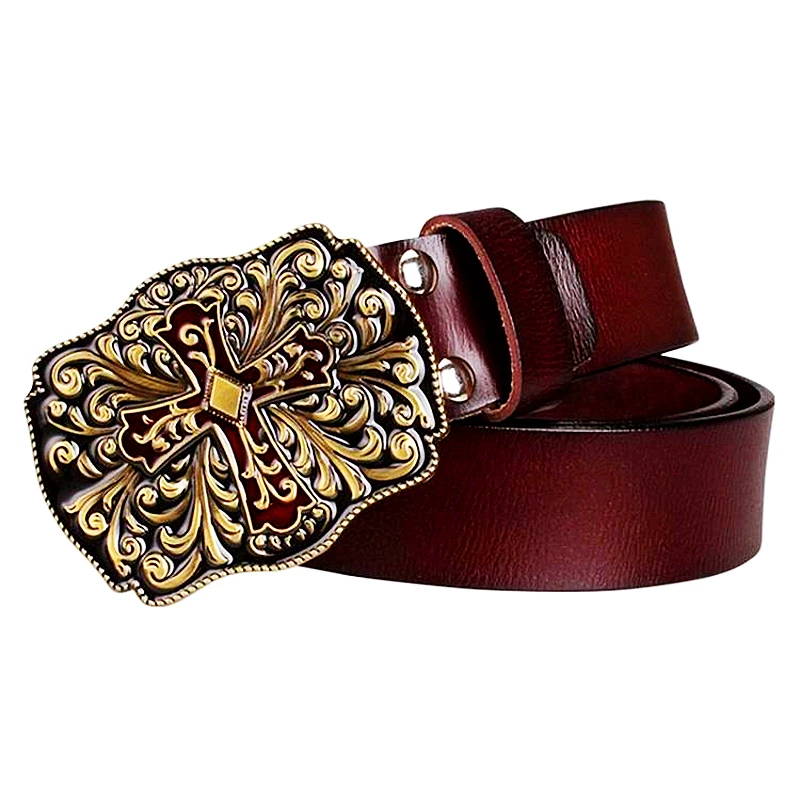Christian Cross Sign Arabesque Pattern Metal Buckle Cowskin Leather Belt Fashion Jeans Decorative Waistband For Women Men