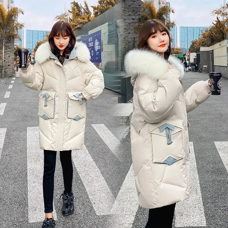 Down Cotton Jacket Women 2022 Winter New Casual Fashion All-match Padded Coat Female Hooded Long Thick Fur Collar Warm Parkas