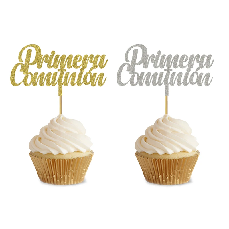 

20 Pieces 3*5 Inch Glitter Gold Silver Spanish Primera Comunión Cupcake Topper For Kids Communion Party Cupcake Decoration