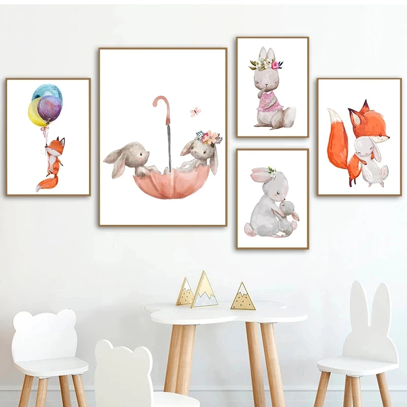 

Милый Постер с животными, Картина на холсте, кролик, лиса, мультяшное животное, HD печать, настенные картины, украшение для дома и детской спал...