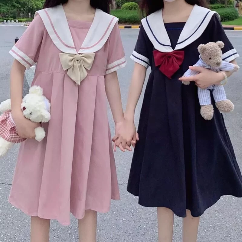 

Short Sleeve Dress Women Bow Patchwork Sailor Collar Pleated JK Japanese Style Sweet Kawaii Pleated A-Line Students Harajuku New