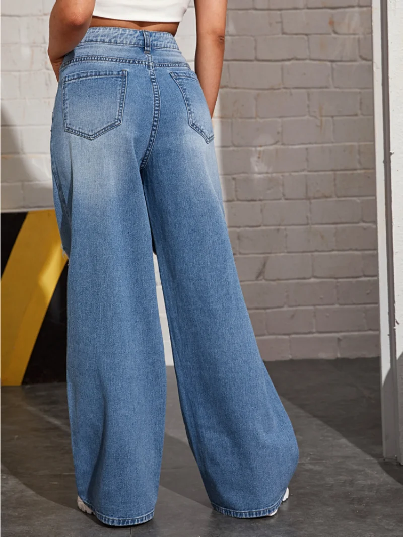 Denim High Waist Perforated Wash Fashion Jeans Women's Fashion Split Wide Leg Pants Women's Cotton Denim Loose Relaxed Mom Jeans