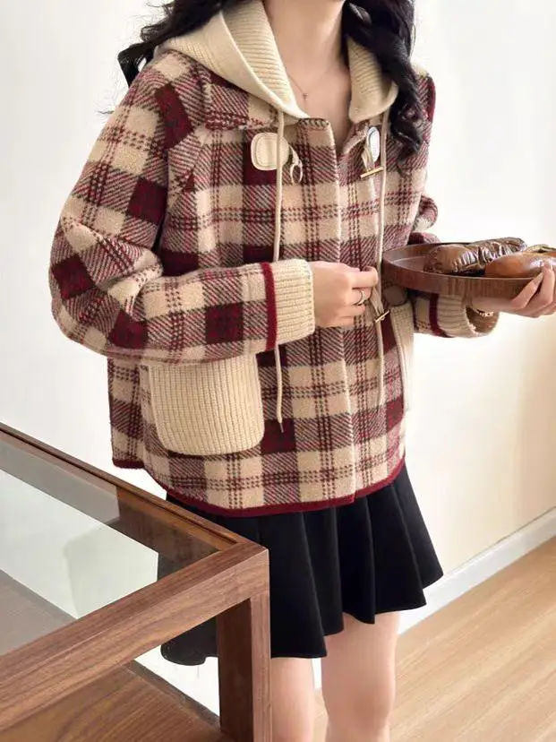 Hood Detachable Collar Plaid Woolen Jacket Women Autumn and Winter New High-Grade Short Double-sided Plush Cardigan Top Thick