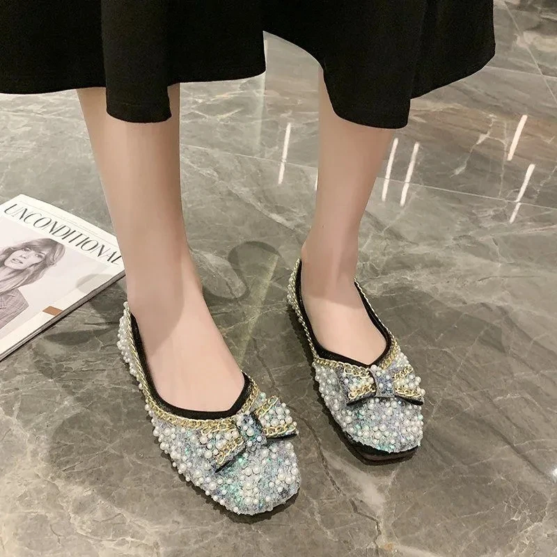 2022 new spring and autumn women's fashion pearl bow party women's shoes comfortable beaded round toe maternity flat shoes