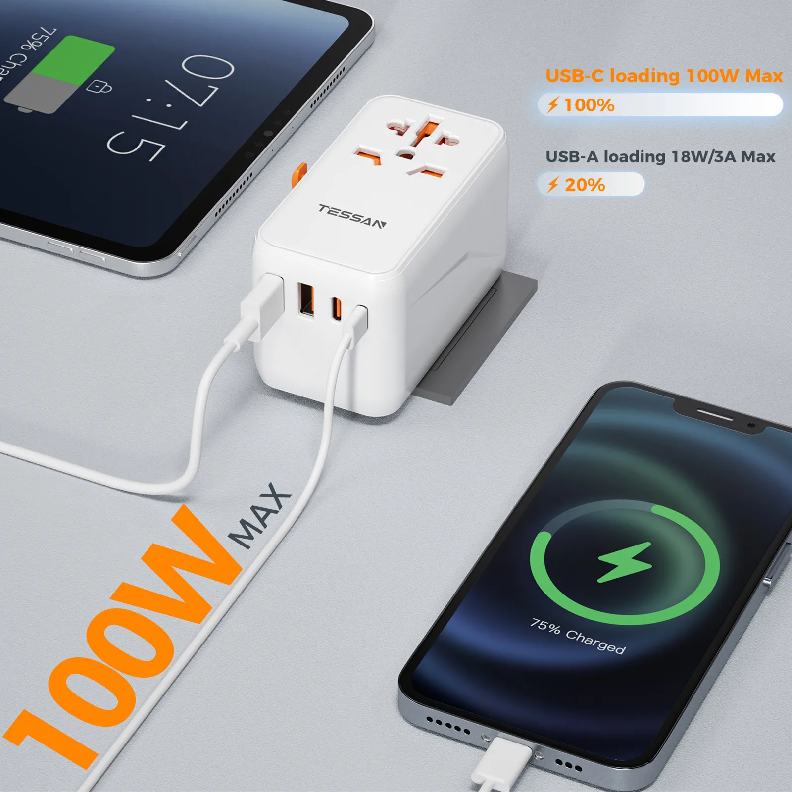 Универсальный дорожный адаптер TESSAN 65 Вт/100 Вт с USB и Type-C, адаптер питания для быстрой зарядки, для путешествий с вилкой Стандарта ЕС/Великобритании/США/Австралии