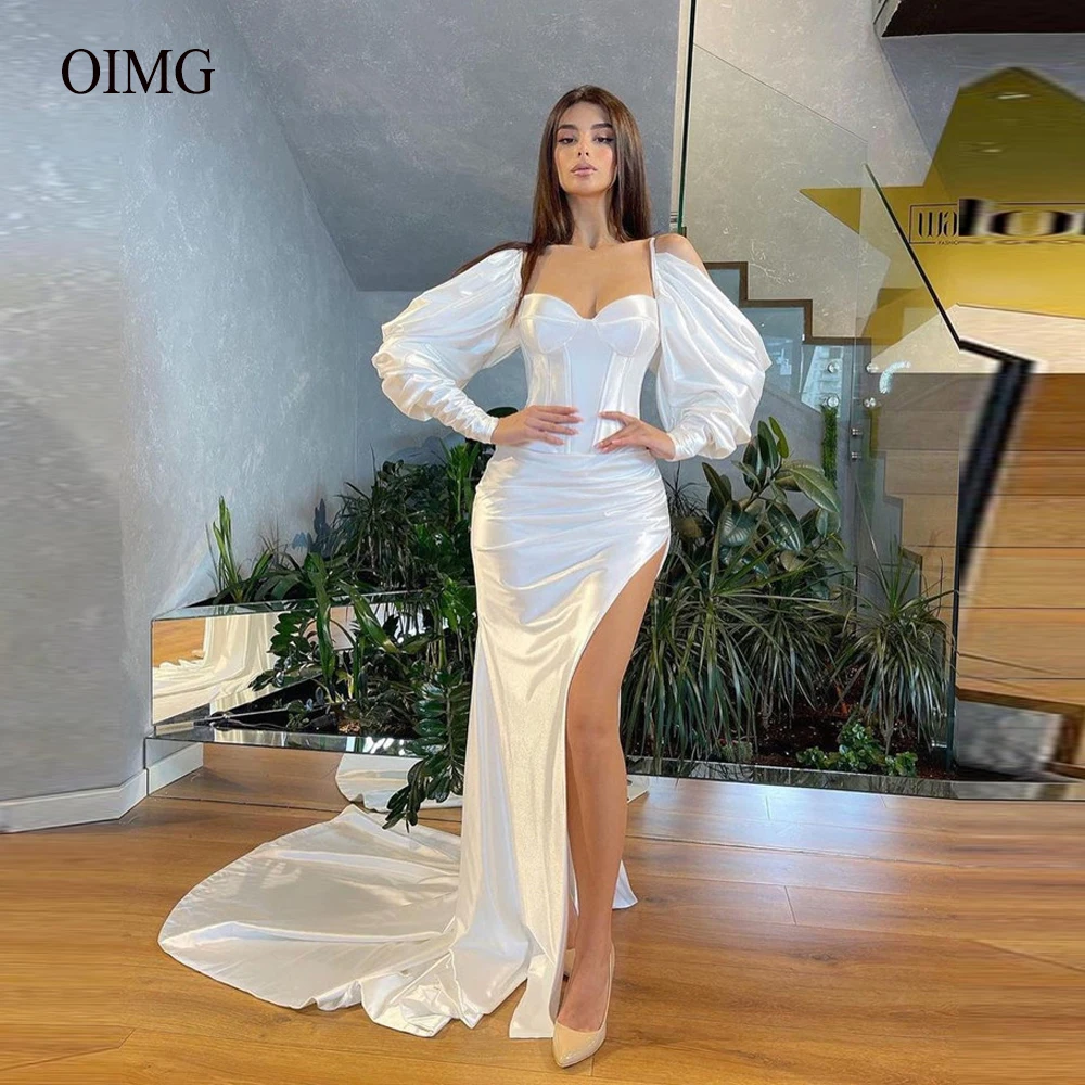 

Charming White Silk Satin Mermaid Evening Dresses Puff Long Sleeves Sweetheart High Slit Dubai Women Formal Prom Gowns