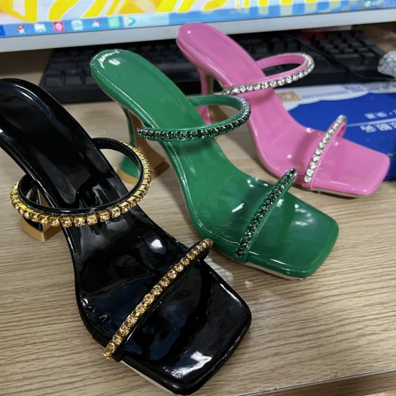 Crystal Embellished Lace-Up Sandals LadiesHigh Heel Slippers Dress Party ShoesSquare Toe Open Toe Dress Roman ShoesWomen's Shoes