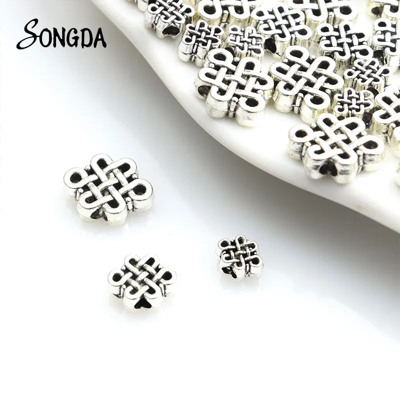 

10/20/40pcs New Chinese Knot Alloy Spacer Beads Antique Silver Color Plated Metal Small Hole Bead Charms DIY Bracelet Accessory