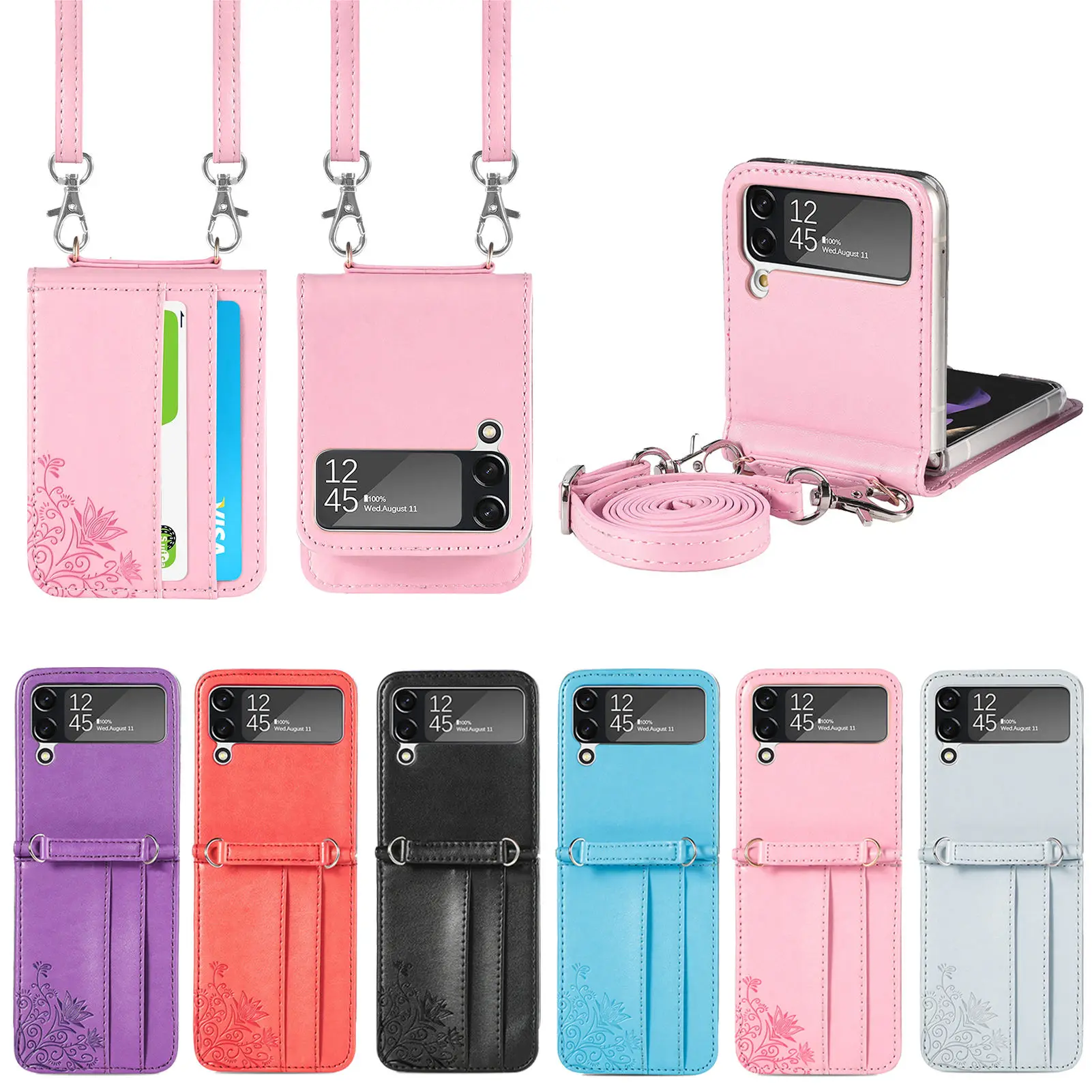 

Lanyard Crossbody Leather Case for Samsung Galaxy Z Flip 3 4 Flip1 2 5G Shockproof Card Slot Anti-Scratch Protective Phone Cover