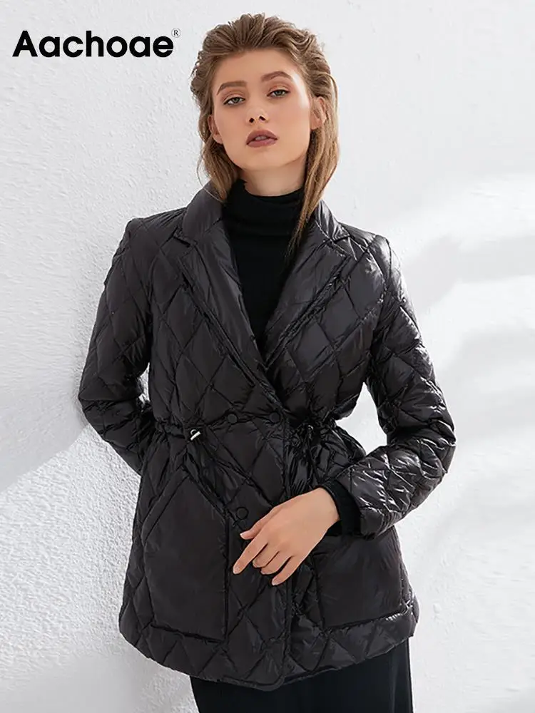 Aachoae Winter Autumn Ultra Light Duck Down Jacket Women Long Sleeve Solid Casual Coat Pocket Office Coat Lady Outerwear