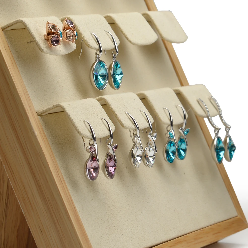 Oirlv Solid Wood Earring Display Stand Foldable Wooden Necklace Holder Beige Gray Microfiber Jewelry Organizer Earring Display