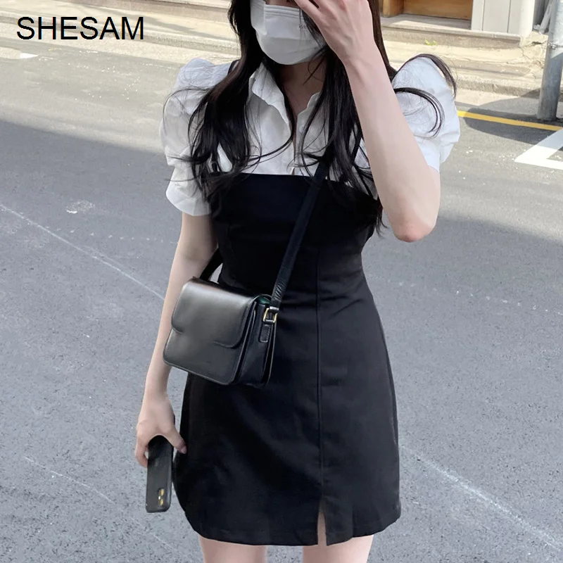 

Dress Korean Chic Lapel Single Breasted Bubble Sleeve Shirt Tie Back Slim Split Suspender Dress