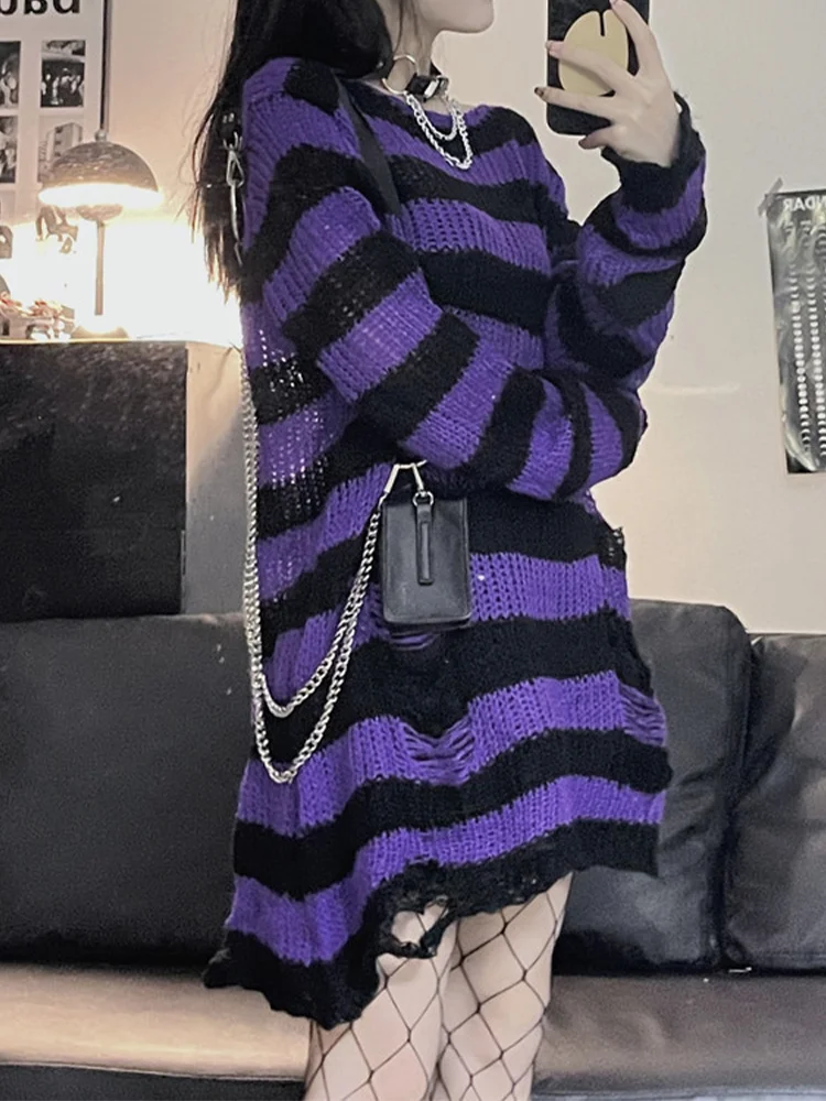 

Женский Трикотажный Свитер оверсайз в полоску, новый тонкий свободный Женский Длинный топ в стиле унисекс, панк