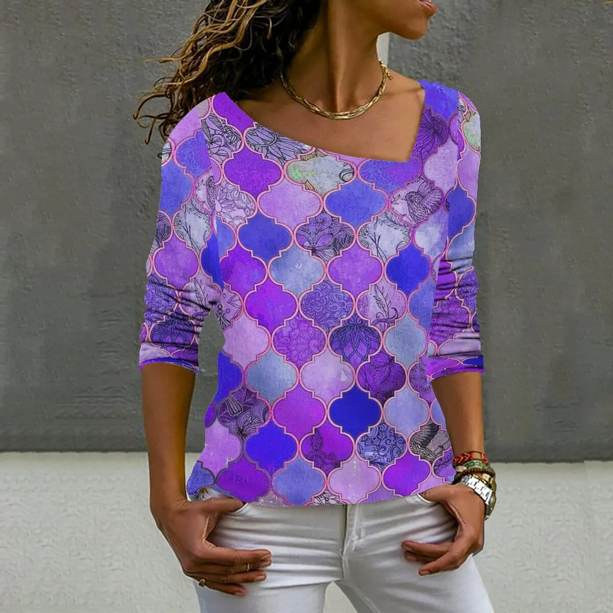 

SNAKE YX XXS-10XL Plus Size Women's Fall Geometric Print Diagonal Collar Casual Loose Long Sleeve Top