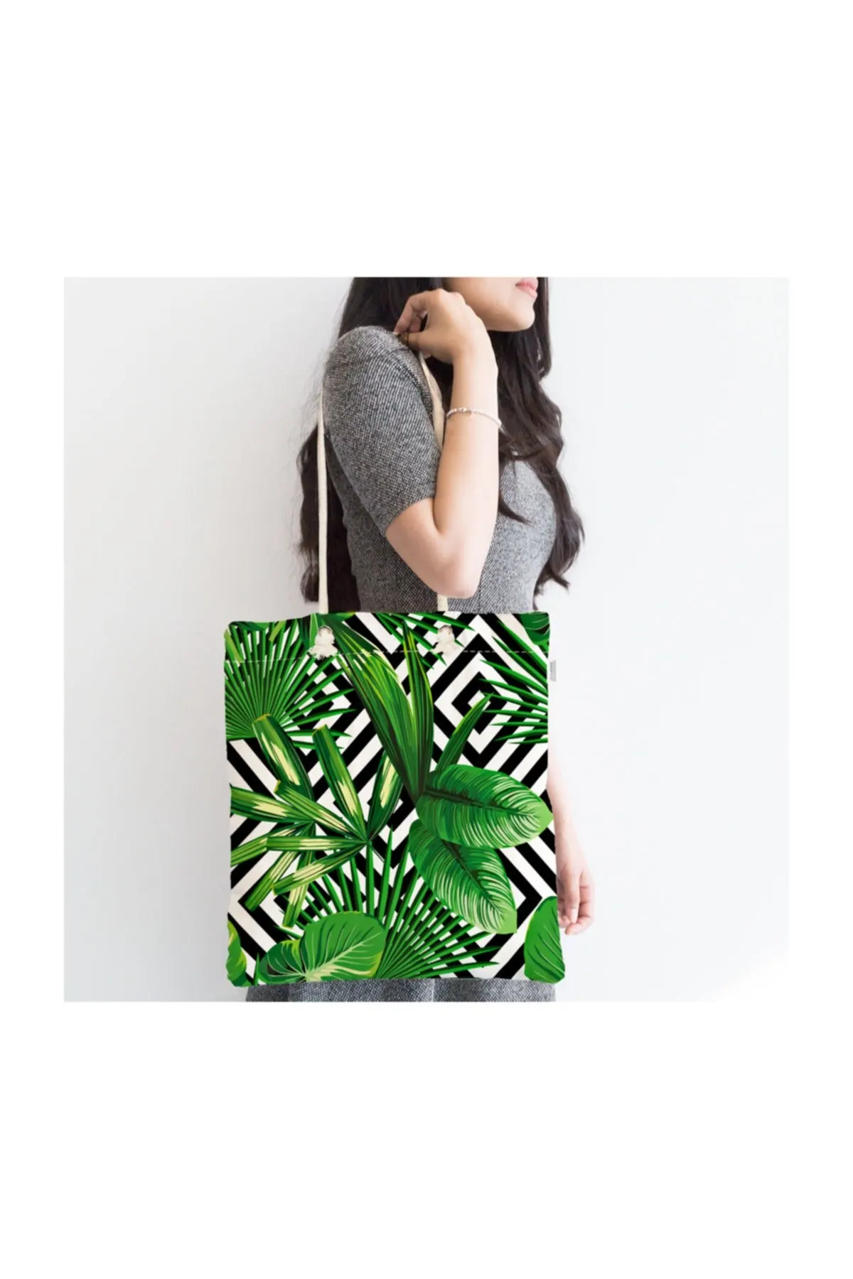 

Женская пляжная сумка с геометрическим рисунком, тканевый тоут на молнии с цифровым принтом зеленых листьев, модная летняя большая сумка-шо...