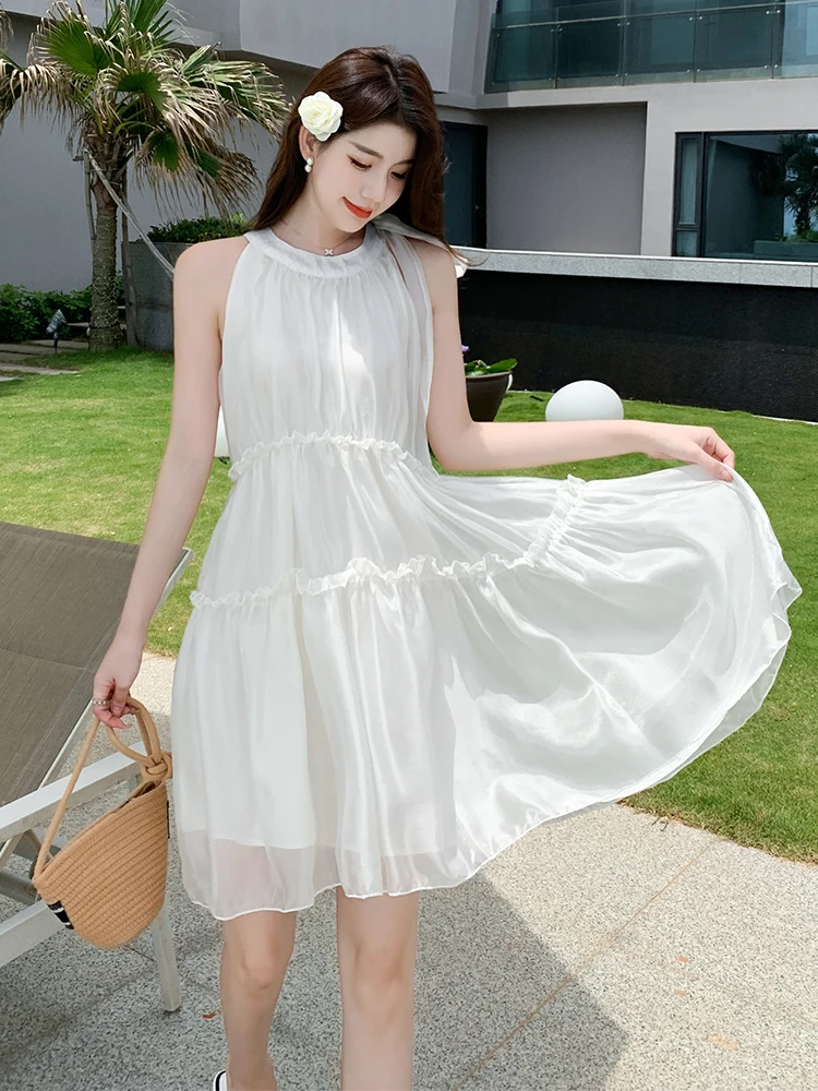 

Summer Elegant Women Evening Dress Chiffon Sweet Casual Girl Lady Solid Sleeveless Loose Mini Party Beach Femme Mujer Vestidos