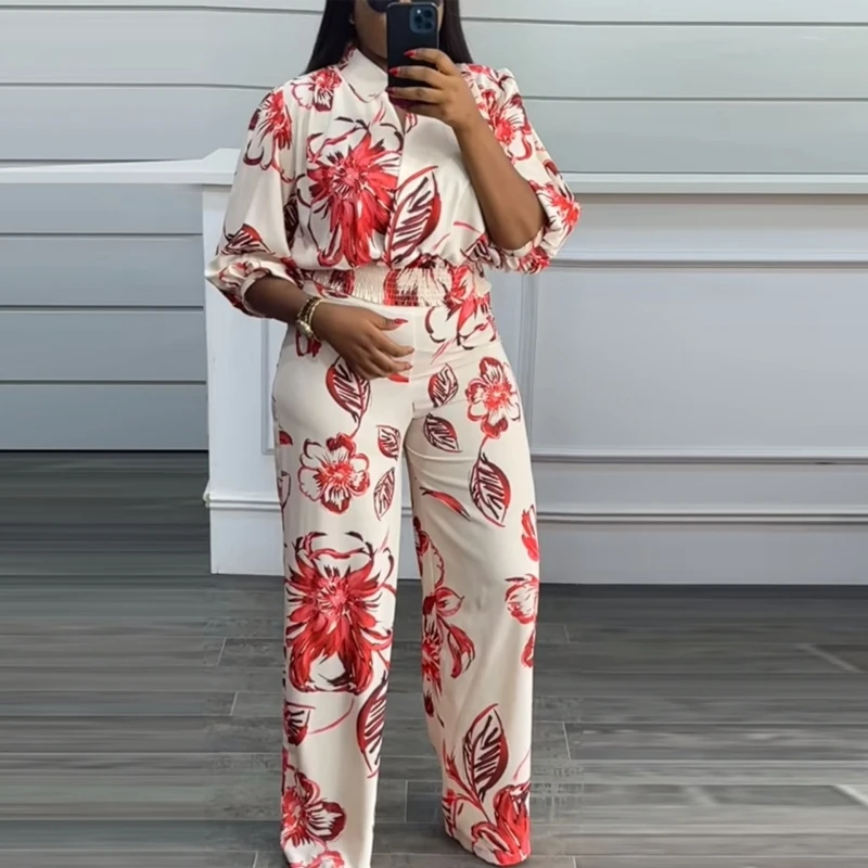 

Женский офисный комплект из 2 предметов, блузка с рукавом 2024 и брюки, комплект для весны и осени 3/4