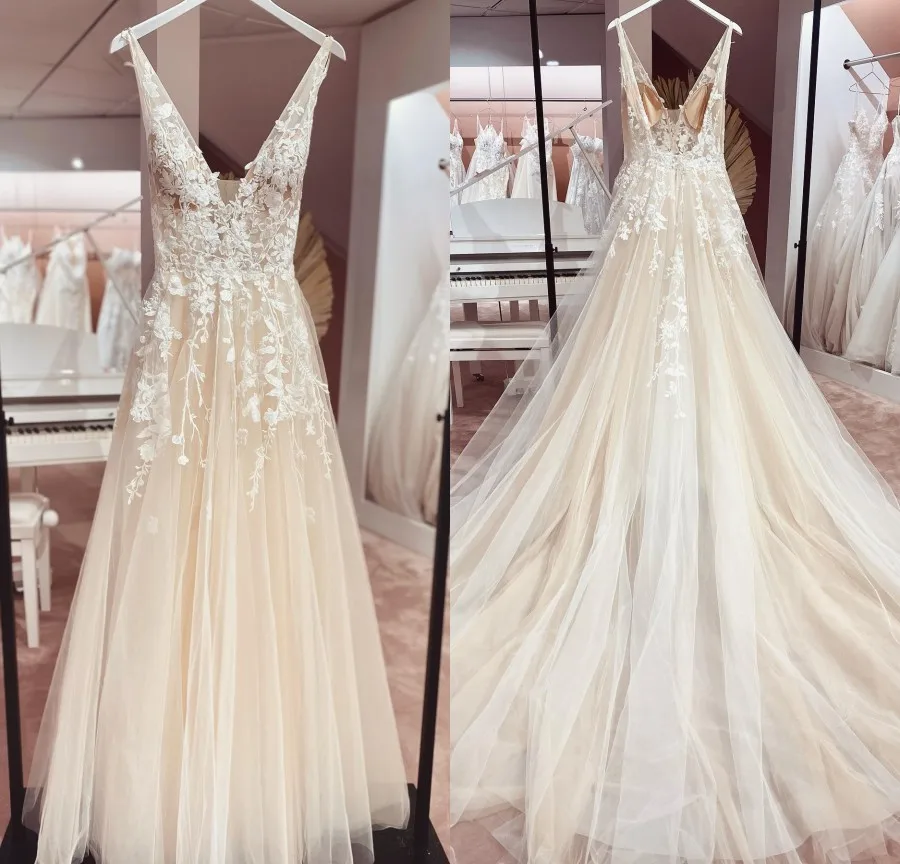 

Женское ТРАПЕЦИЕВИДНОЕ свадебное платье, мягкое Тюлевое простое платье с V-образным вырезом, открытой спиной и шлейфом, свадебное платье дл...