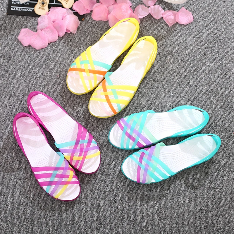 2022 Women Sandals Peep Toe Stappy Beach Valentine Rainbow Clogs Jelly Shoes Hot Summer New Candy Color Women Shoes Woman Flats images - 6