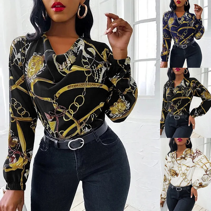 

2022 New Printed Long Sleeve Shirts for Women Fashion Loose Lantern Sleeve Shirt Vintage Blouse Female Office Casual Clothing