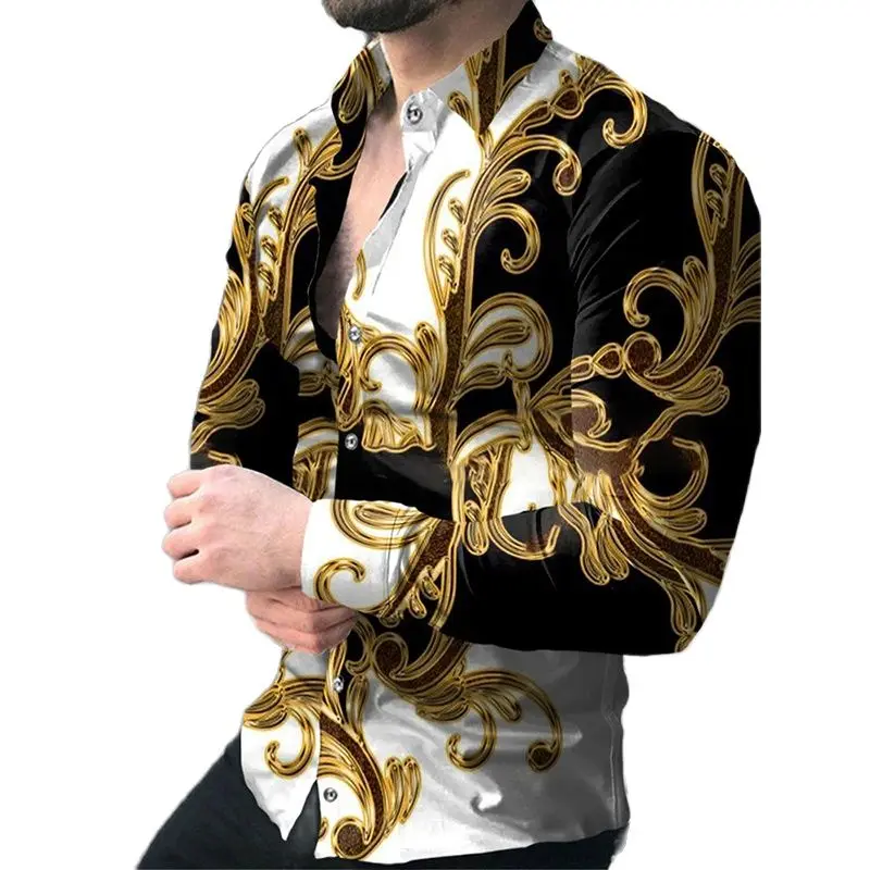 

2022 Luxury Social Men Shirts Turn-down Collar Buttoned Shirt Casual Baroque Print Long Sleeve Tops Mens Clothes Prom Cardigan