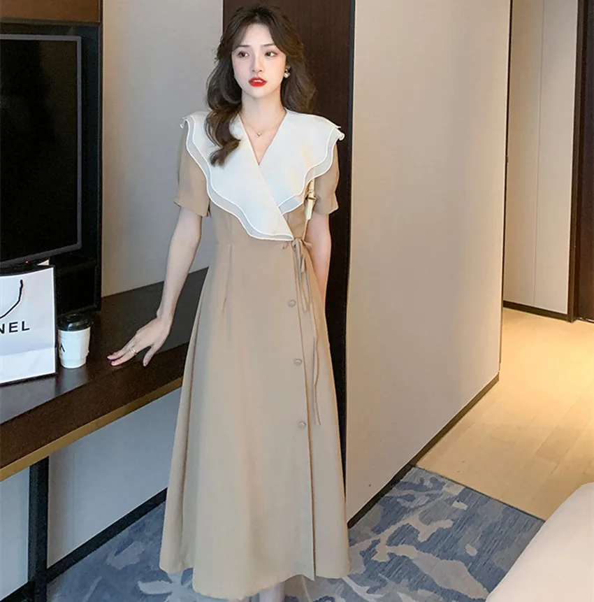 

JSXDHK 2023 New Summer France Office Ladies Midi Dress Fashion Women V Neck Ruffles Side Single Breasted Lace Up Slim Vestidos