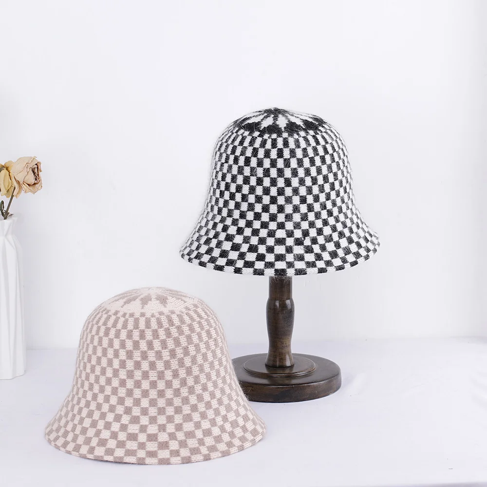 Женская панама из кроличьего меха винтажная Складная шапка в клетку Осень-зима