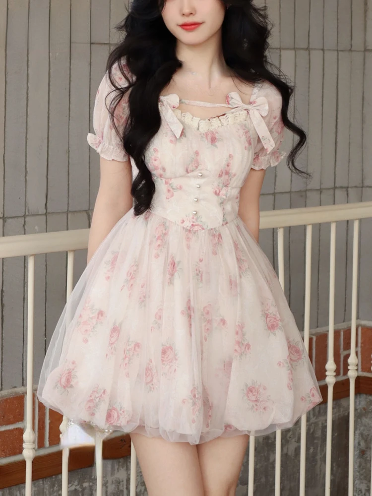 

2023 Summer New Lolita Pink Y2k Mini Dress Women Beach Short Sleeve Floral Dress Casual Sweet Short Party Dress Korean Fashion