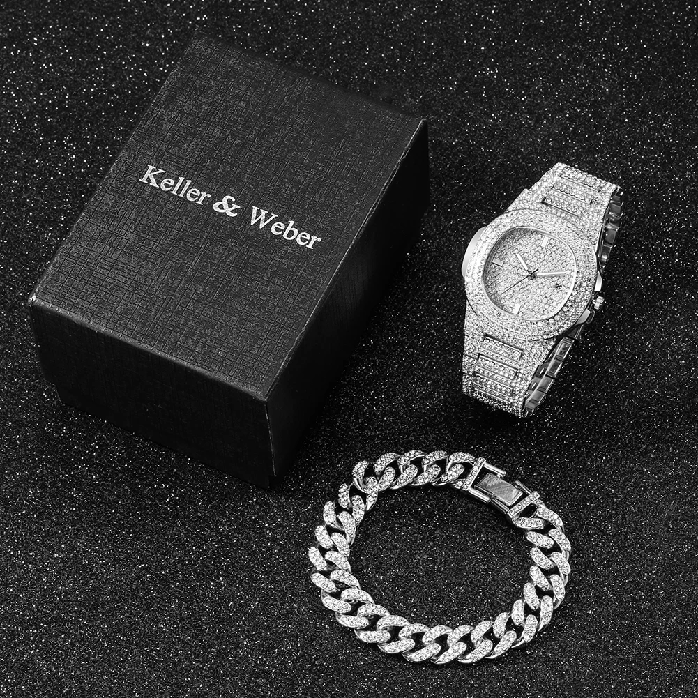 

Men Quartz Wristwatches with Box Fahsion Luxury Silver Rhinestones Watch and Bracelet Set Original Gift for Men Reloj Hombre