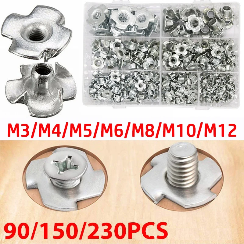 

90/150/230pcs M3-M12 Zinc Plated Four Claws Nut Speaker Nut T-nut Blind Pronged Tee Nut Furniture Hardware Woodworking Accessory