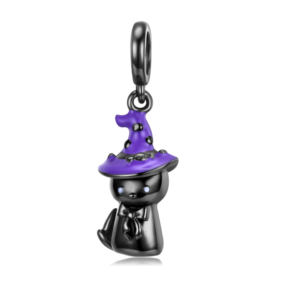 

Black Cat with Purple Magic Hat Dangle Charm fit Women Bracelet Necklace Lady Girl DIY Jewelry Gift S925 Sterling Silver Bead
