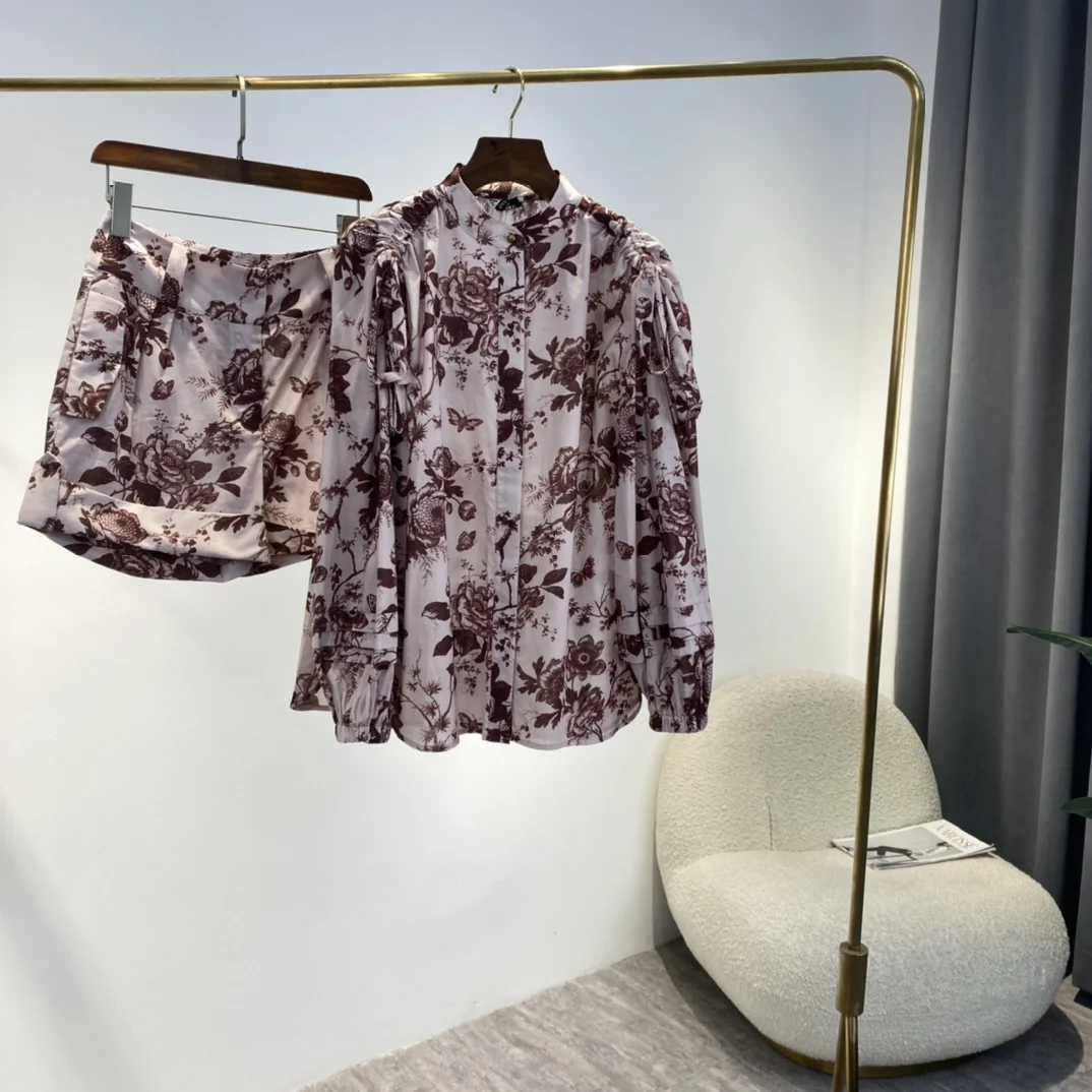 

Female Set 2022 Spring Hot Sale Leaf Print Drawstring Shoulder Long Sleeve Cotton Shirts And Shorts Suit