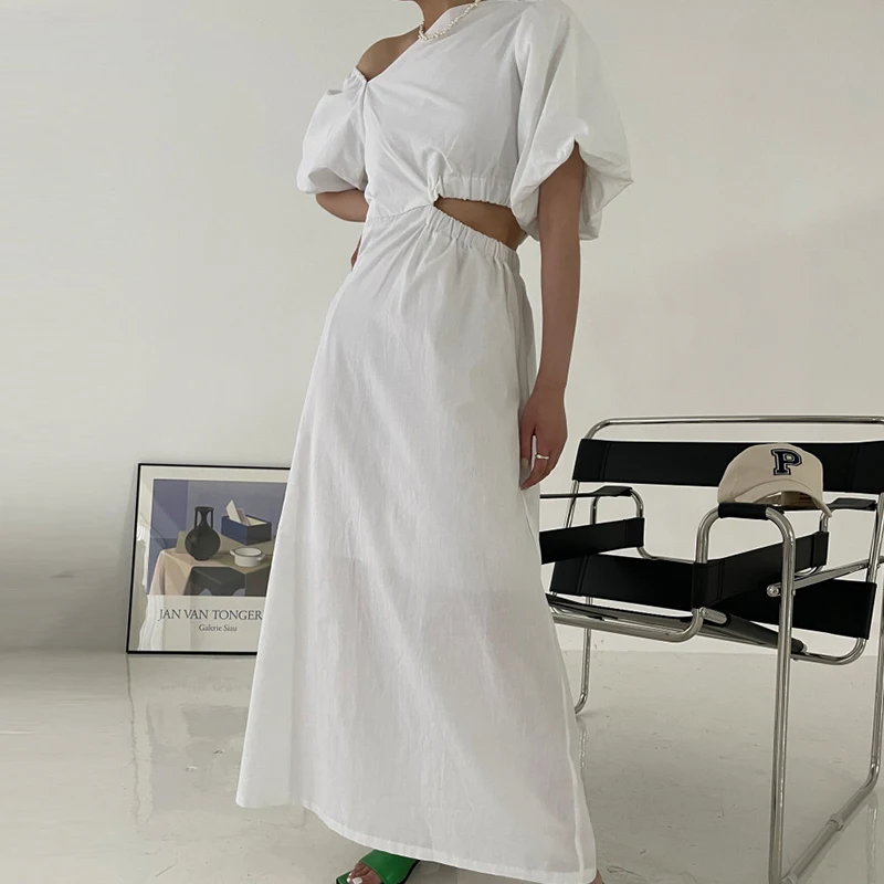 

Korean Chic Dress Ladies Summer Niche Retro Irregular Neckline Waistless Hollow Out Design Puff Sleeve Dresses Long Robe Women