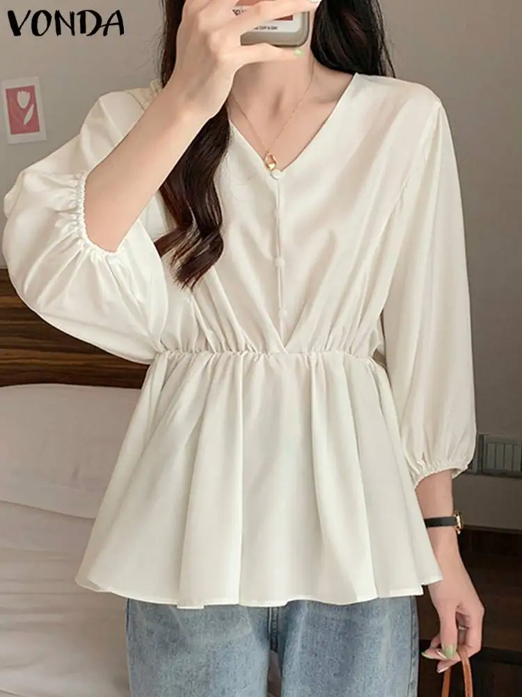 

Сексуальные офисные рубашки с V-образным вырезом 2023 VONDA, элегантная однотонная модная блузка с рукавами-фонариками 3/4, женские летние топы