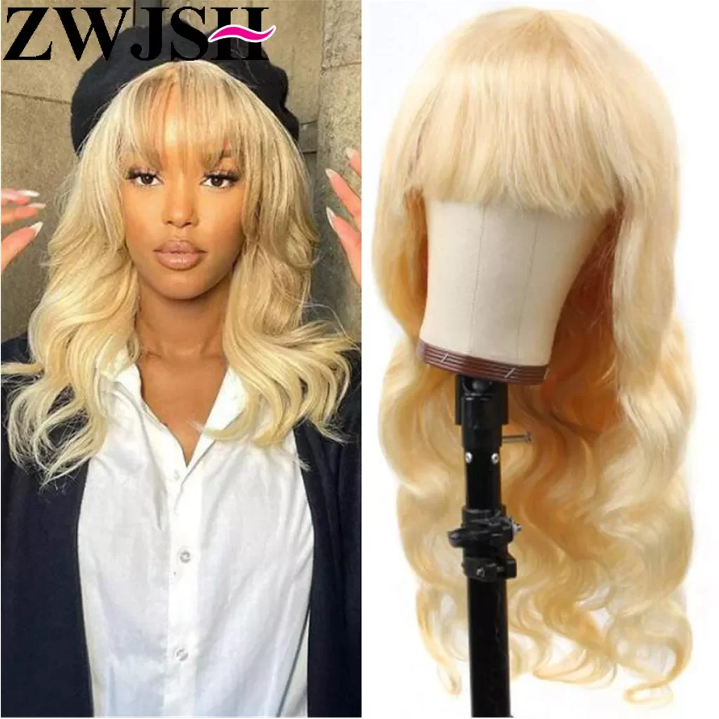 

30 Inch Body Wave Remy Human Hair Wig With Bangs for Women 613 Honey Blonde Full Machine Made Glueless Fringe ZWJSH