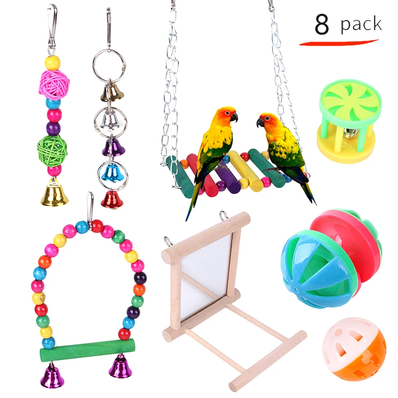 

8psc Bird Parrots Toys Indestructible Chewable Swing Hanging Chewing Bite Bridge Wooden Beads Ball Bell Toys Pet Supplies