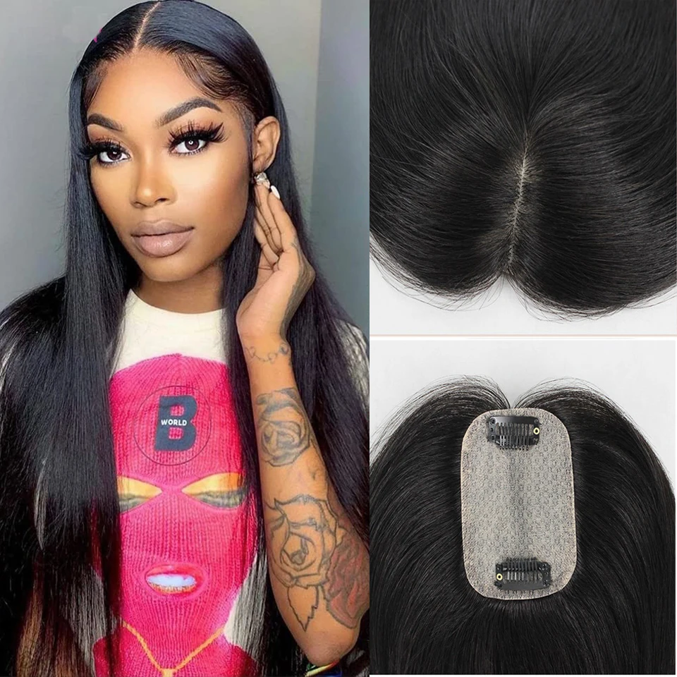 20'' Long Silk Skin Base Topper Women Toupee Brazilian Virgin Human Hair Piece with Clips Ins Natural Color Scalp Free Parting