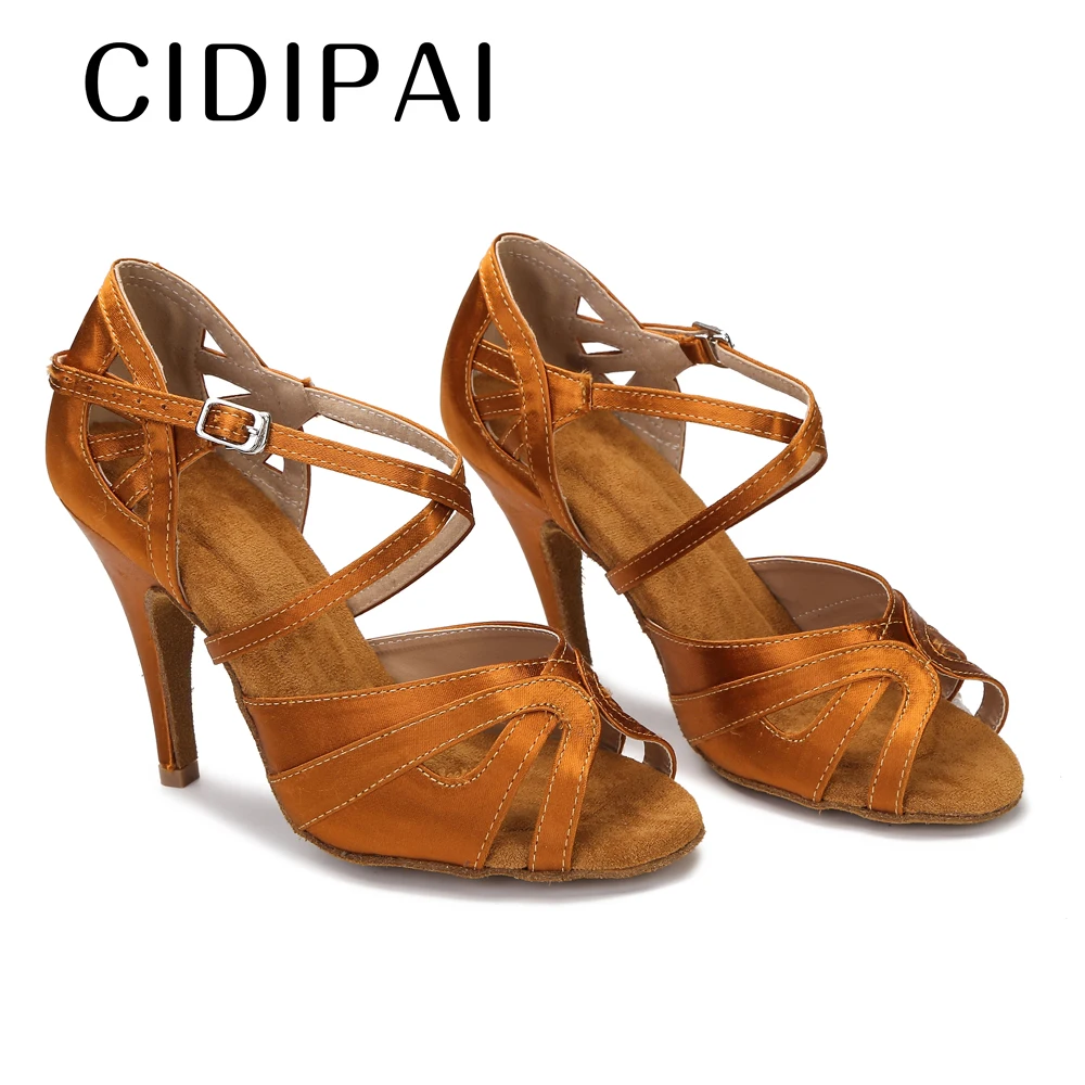CIDIPAI Silk Satin Dance Shoes Woman Soft Bottom Latin Dance Shoes Tango Salsa Training Perform Shoes New Flare Heel 9cm