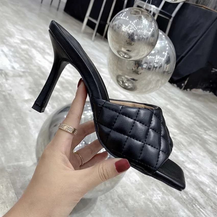 

NEW Sexy PU Diamond Square Head Peep Toe Thin High Heels Slippers Summer Fashion Slip On Slides Women Mules Party Shoes