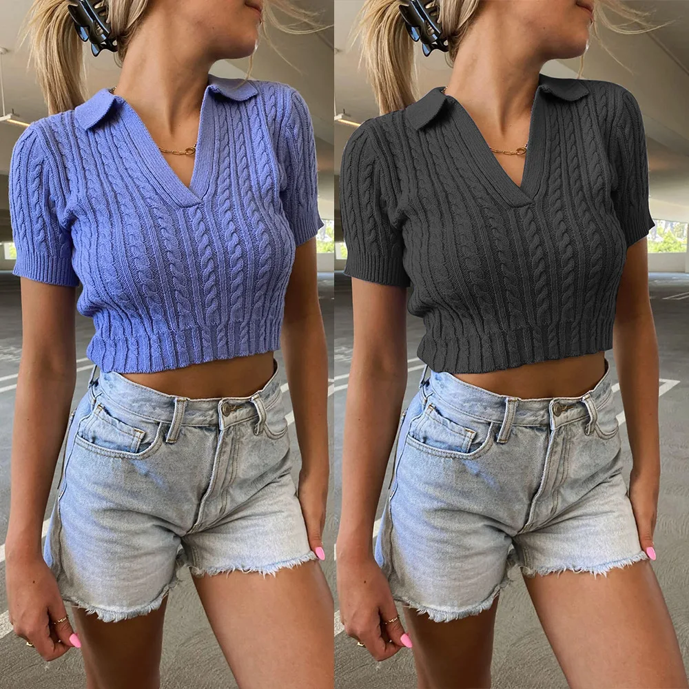 Fancy Knit Sweater Ladies Elegant Summer Thin Short Sleeve V Neck Cropped Chic Shirt 2022 Retro Street Sweater Pull