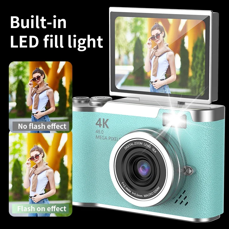 Фото Цифровая камера 4K CCD с 8-кратным цифровым зумом для студентов, компактная цифровая фотокамера 48 МП 180 ° Селфильная камера с откидным экраном 2025г. №5