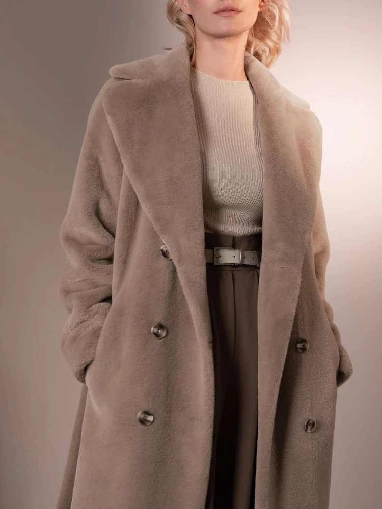 Elegant Single Breasted Luxury Faux Fur Coats with Belt 2022 Women's Autumn Winter Fashion Turn-down Collar Fluffy Long Outwear
